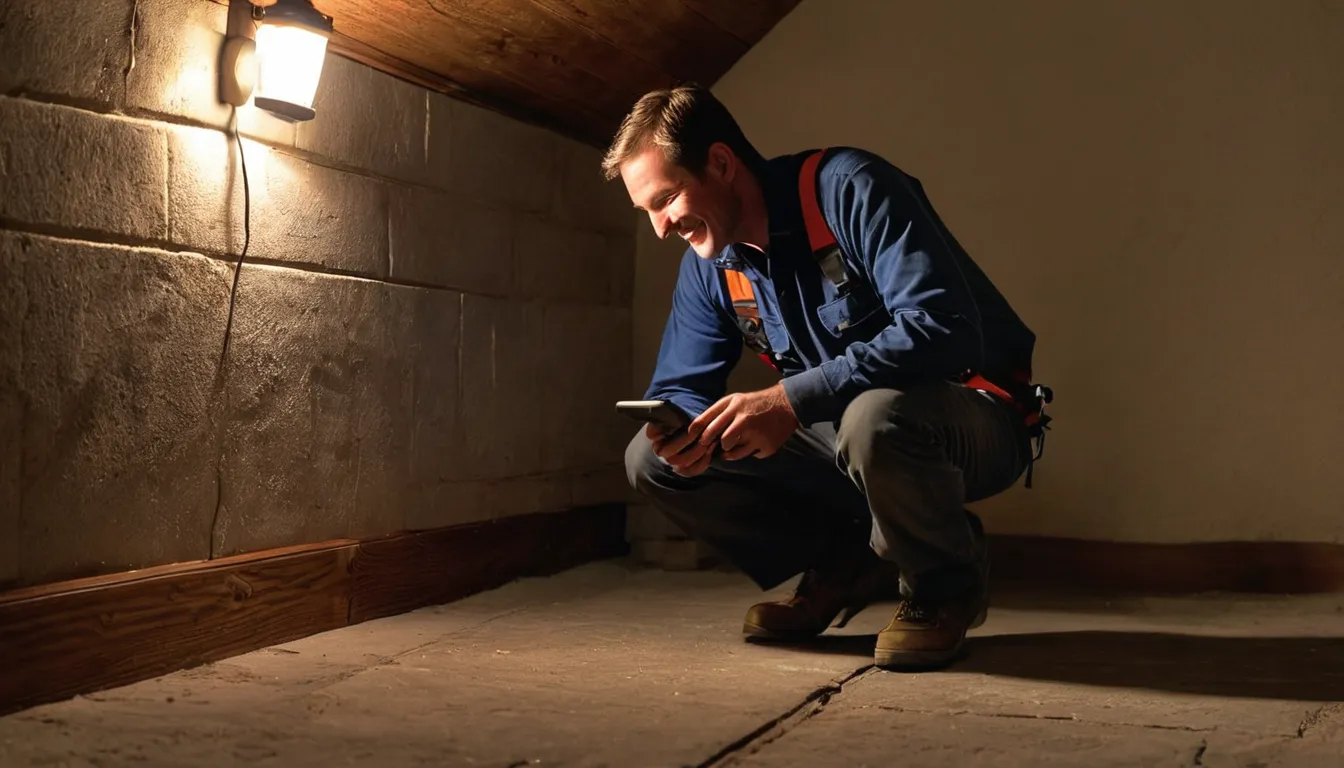 A local provider inspecting a stone and block basement foundation for termites in the Brockton area